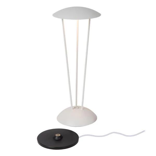 Lucide RENEE - Lampe de table Rechargeable Intérieur/Extérieur - Batterie/Piles - Ø 12,3 cm - LED Dim to warm - 1x2,2W 2700K/3000K - IP54 - Avec station de charge sans fil - Blanc - détail 3